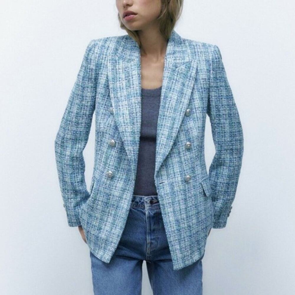 ZARA Light Blue Tweed Double Breasted Blazer Size S